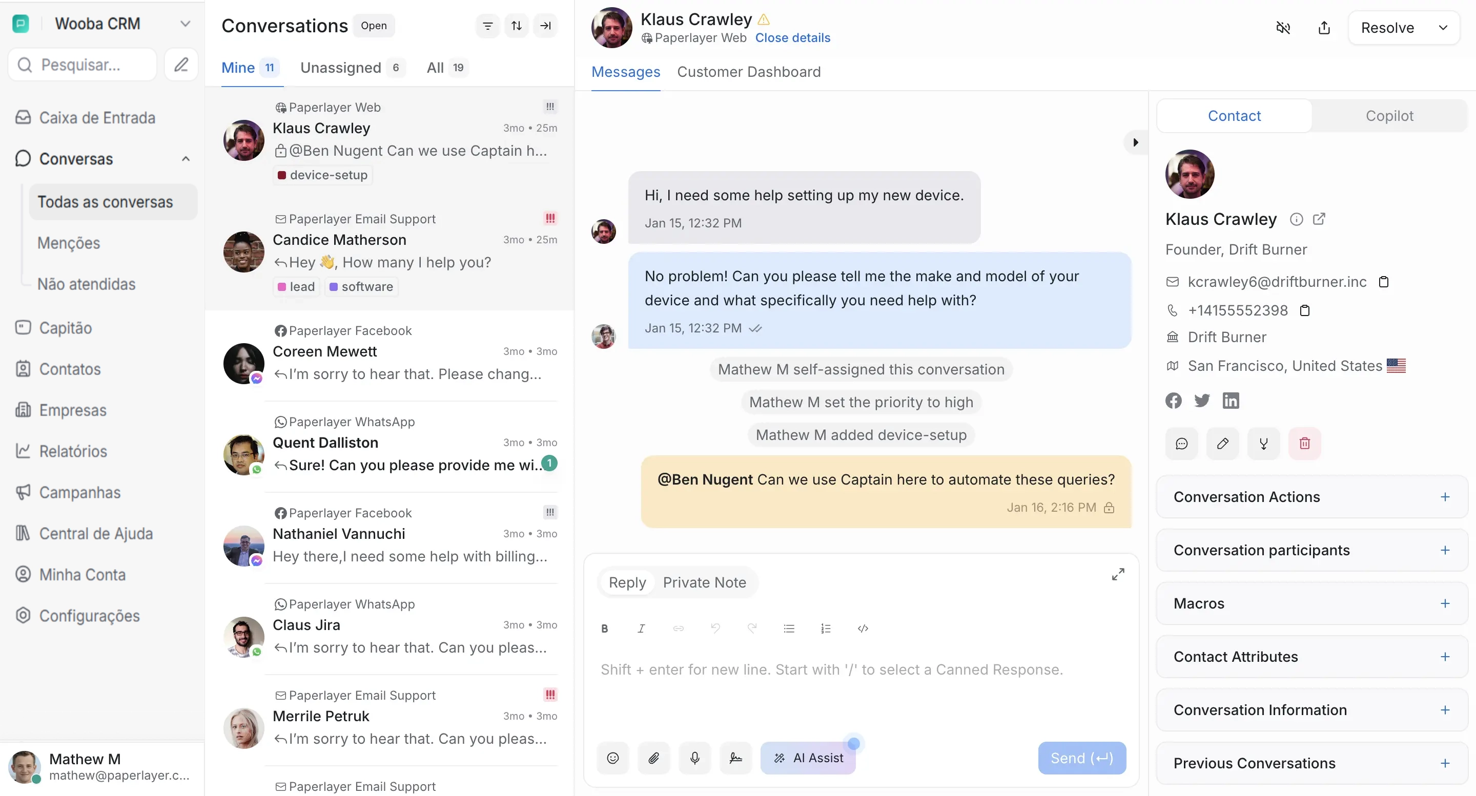 Caixa de entrada unificada do Wooba CRM com conversas de WhatsApp, Instagram e e-mail