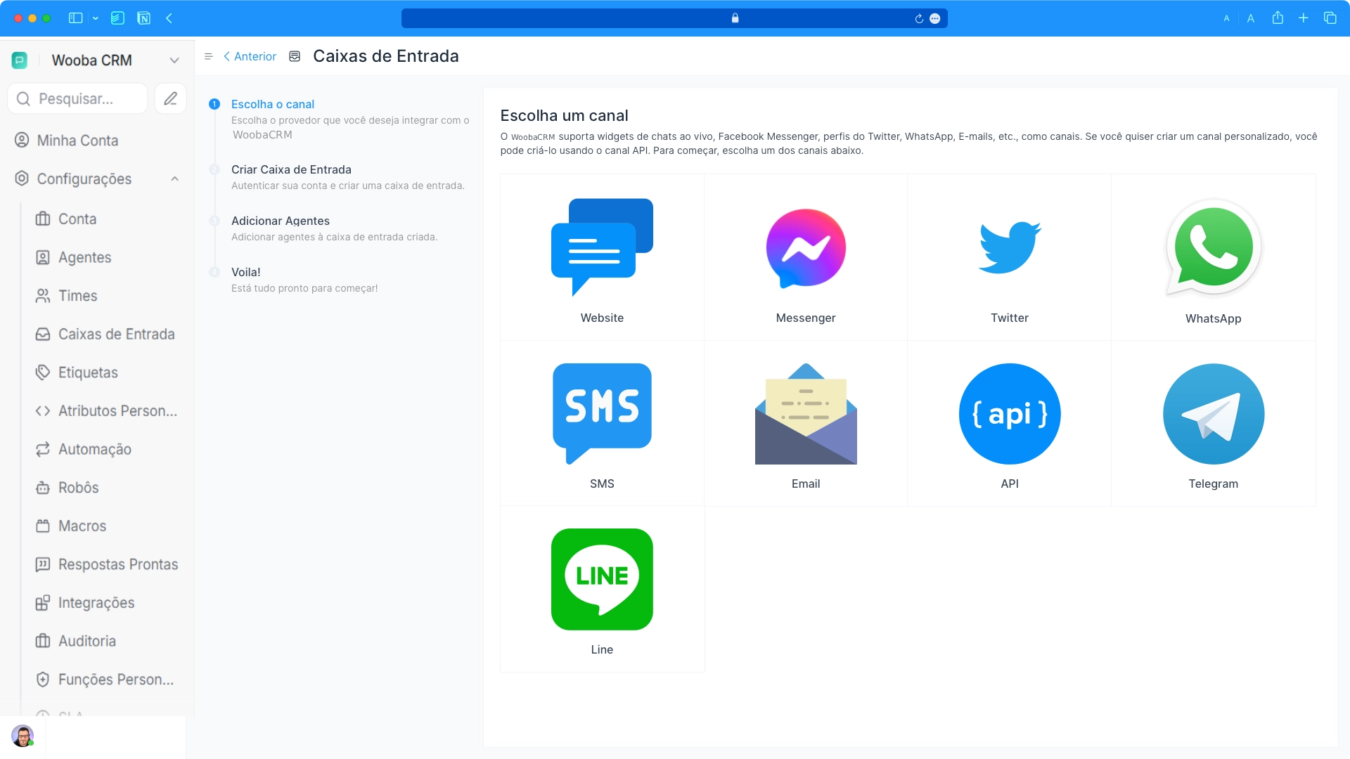 Tela de integração de canais do Wooba CRM — WhatsApp, Messenger, E-mail, Telegram, SMS e mais